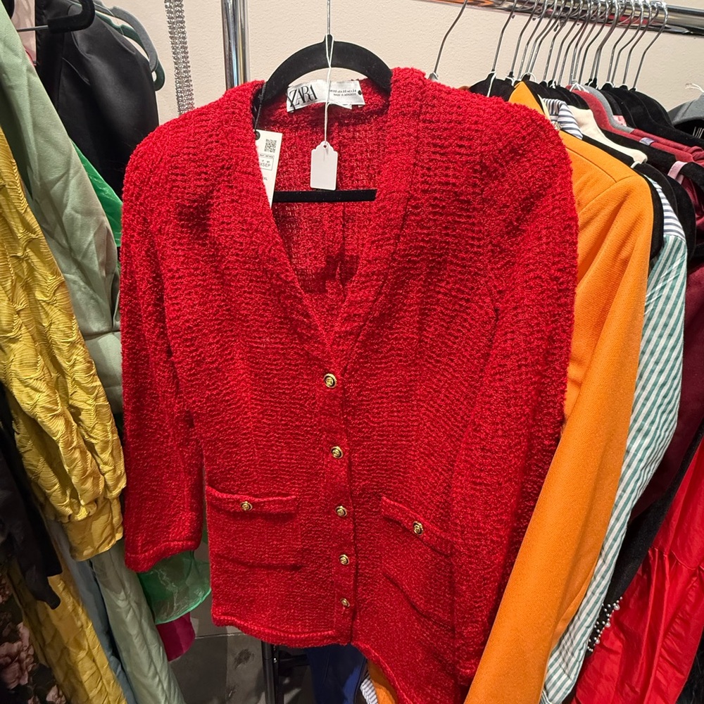 Zara Red Knit Cardigan with Gold Accents